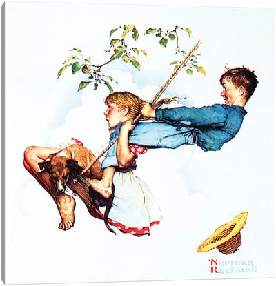 Young Love: Swinging Canvas Art Print - Norman Rockwell