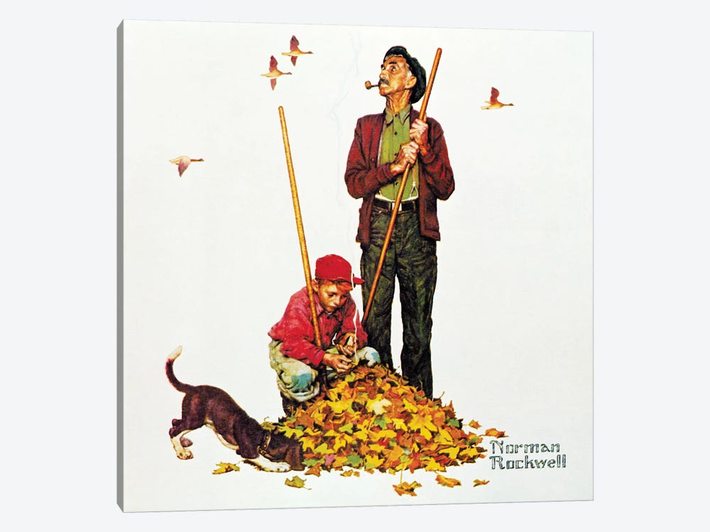 Grandpa and Me: Raking Leaves by Norman Rockwell 1-piece Canvas Art Print