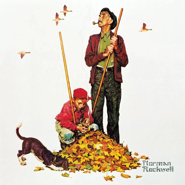 Norman Rockwell: Grandpa and Me: Raking Leaves by Norman Rockwell