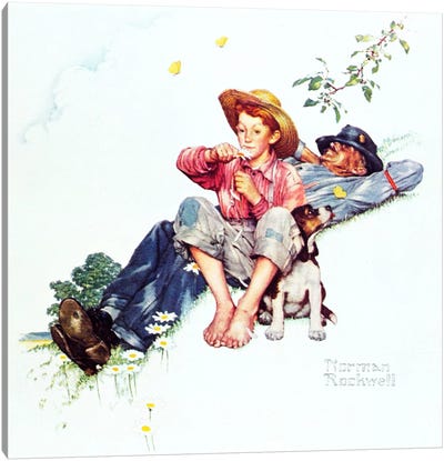 Grandpa and Me: Picking Daisies Canvas Art Print - Norman Rockwell