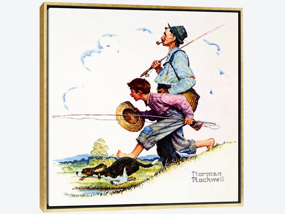 Framed Canvas Art - Grandpa and Me: Fishing by Norman Rockwell ( Sports > Fishing art) - 26x26 in