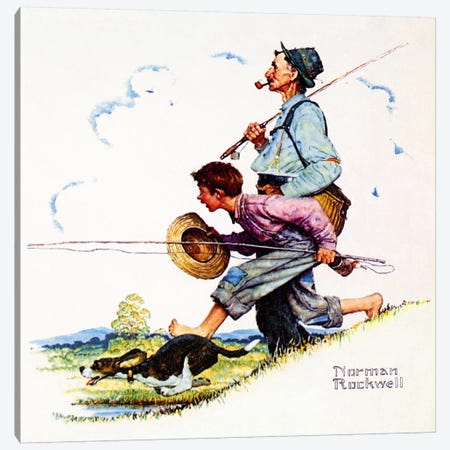Grandpa and Me: Fishing Canvas Print #NRL381} by Norman Rockwell Canvas Artwork
