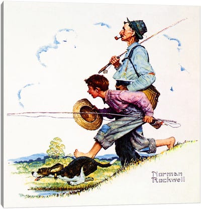 Grandpa and Me: Fishing Canvas Art Print - Norman Rockwell