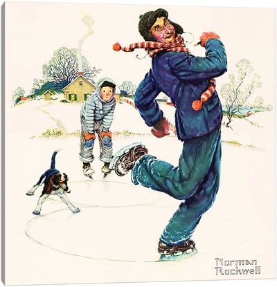 Grandpa and Me: Ice Skating Canvas Art Print - Norman Rockwell Christmas Art