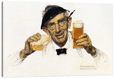 Man with Sandwich and Glass of Beer Canvas Art Print - Bar Art