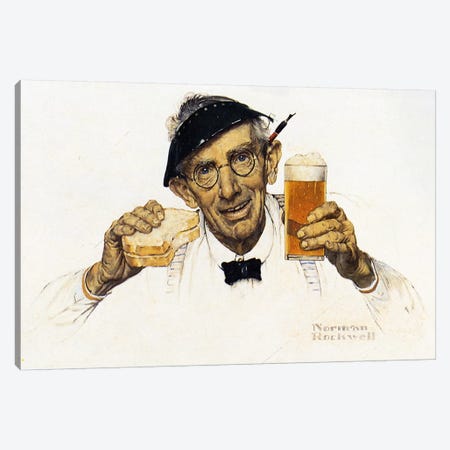 Man with Sandwich and Glass of Beer Canvas Print #NRL395} by Norman Rockwell Canvas Artwork