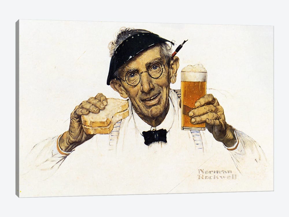 Man with Sandwich and Glass of Beer 1-piece Canvas Art Print