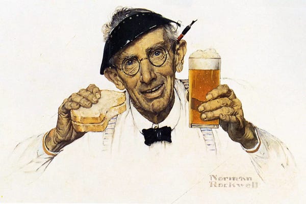 Norman Rockwell: Man with Sandwich and Glass of Beer by Norman Rockwell