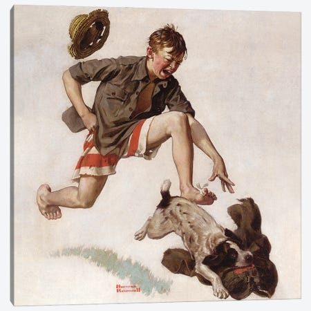 Boy Chasing Dog with Pants Canvas Print #NRL416} by Norman Rockwell Art Print