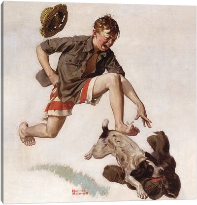 Boy Chasing Dog with Pants Canvas Art Print - Norman Rockwell