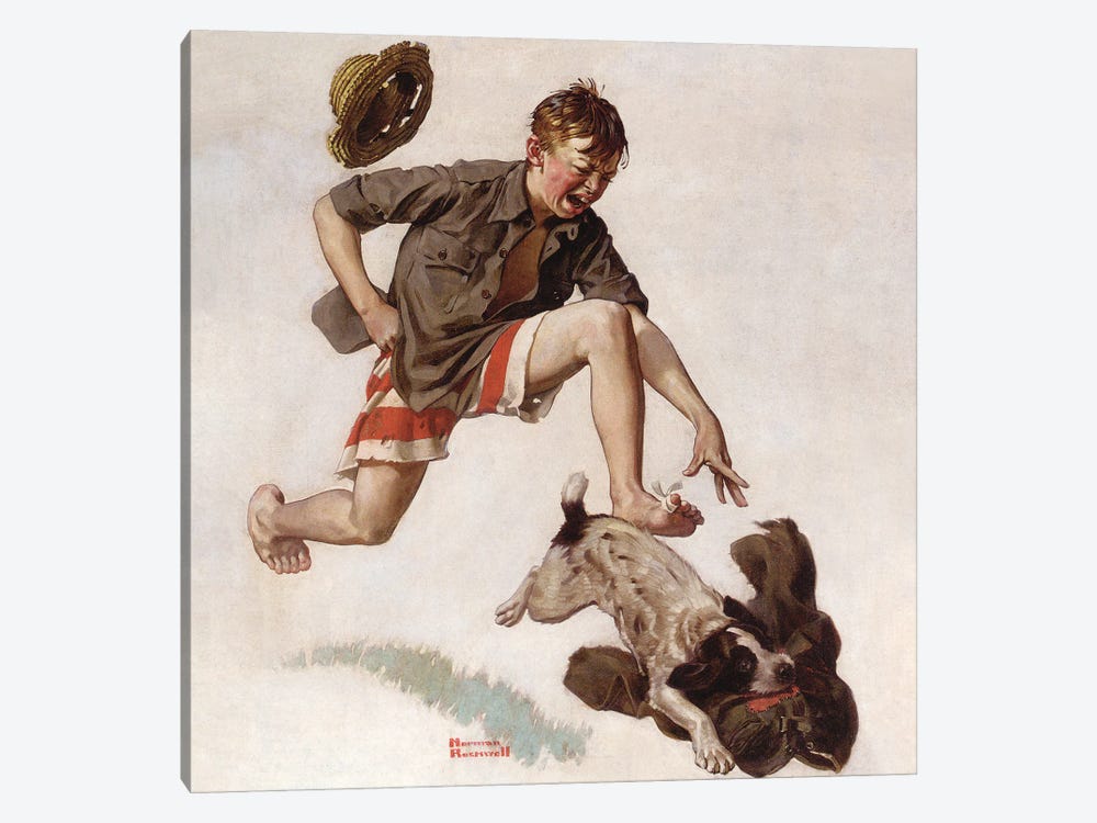 Boy Chasing Dog with Pants by Norman Rockwell 1-piece Art Print