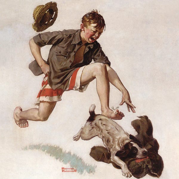 Child Portraits: Boy Chasing Dog with Pants by Norman Rockwell