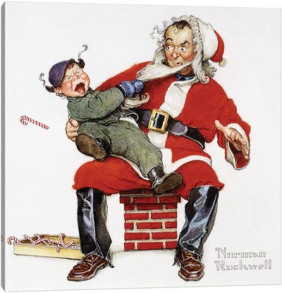 Crying Child Pulling Santa's Beard Canvas Art Print - Norman Rockwell Christmas Art