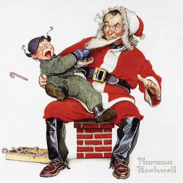 Norman Rockwell: Crying Child Pulling Santa's Beard by Norman Rockwell