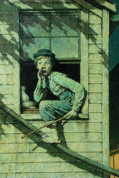 Norman Rockwell: Tom Sawyer Sneaking Out Window by Norman Rockwell