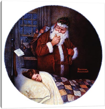 Santa Looking At Sleeping Child Canvas Art Print - Norman Rockwell Christmas Art