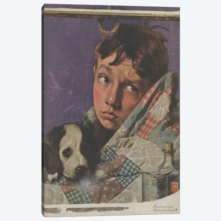 Boy And Dog In Quilt Canvas Print #NRL459} by Norman Rockwell Canvas Artwork