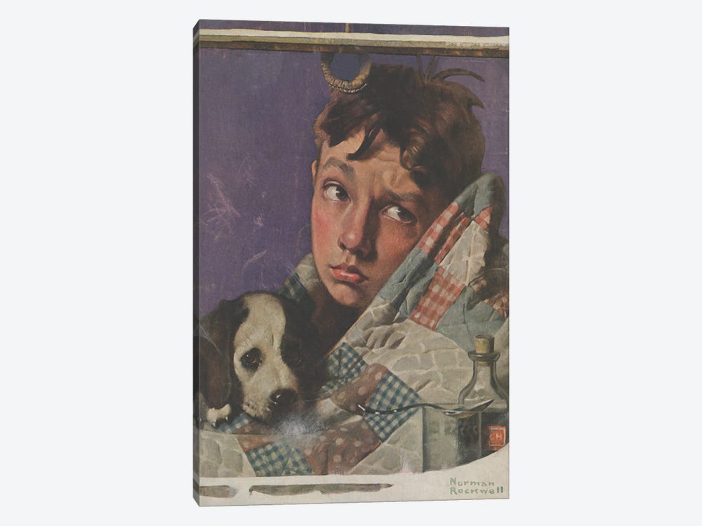 Boy And Dog In Quilt by Norman Rockwell 1-piece Canvas Artwork