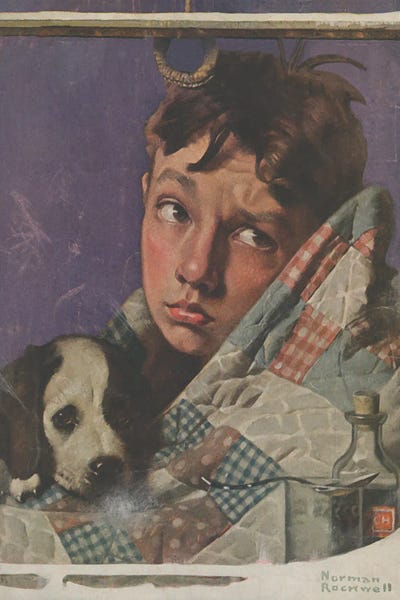 Norman Rockwell: Boy And Dog In Quilt by Norman Rockwell