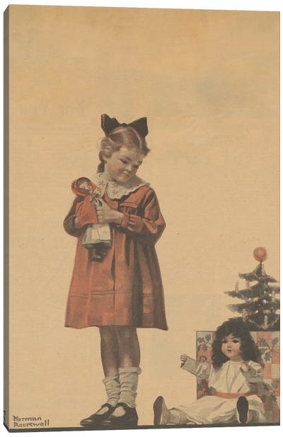 Girl With Christmas Doll Canvas Art Print - Vintage Christmas Décor