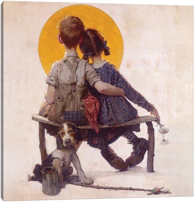 Boy And Girl Gazing At Moon Canvas Art Print - Norman Rockwell