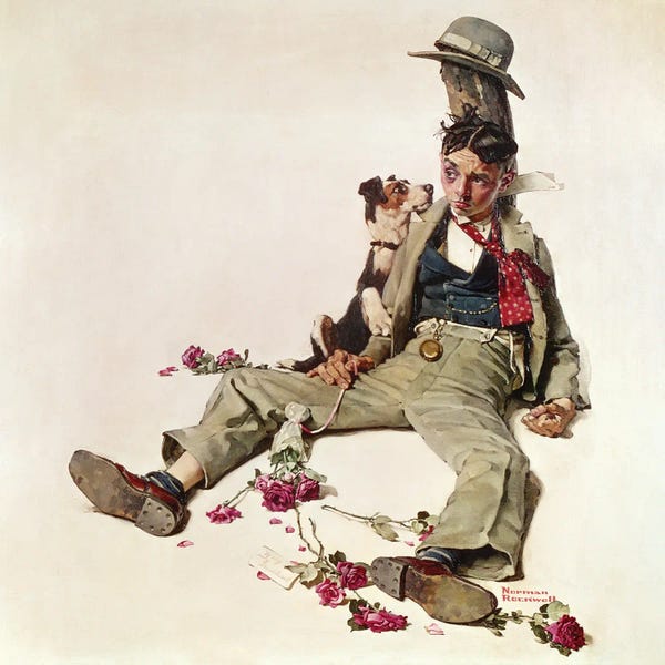 Norman Rockwell: Man With Flowers Strewn Around by Norman Rockwell