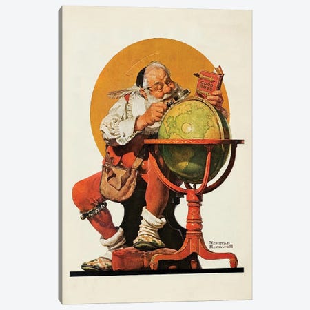 Santa Consulting Globe Canvas Print #NRL465} by Norman Rockwell Canvas Artwork