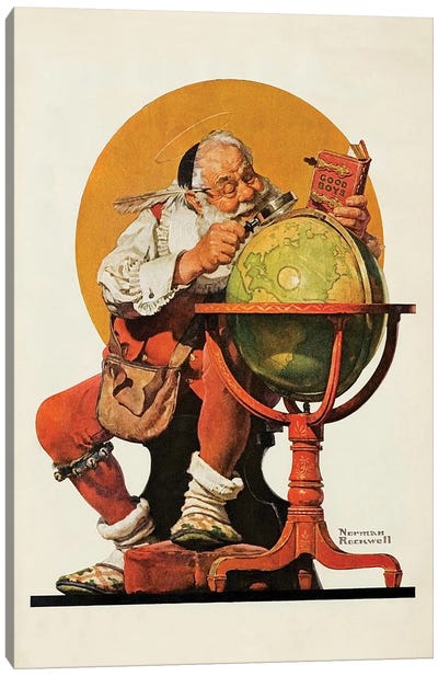 Santa Consulting Globe Canvas Art Print - Santa Claus Art