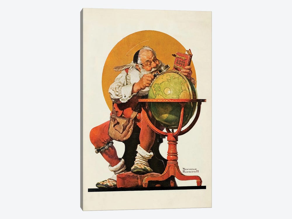 Santa Consulting Globe by Norman Rockwell 1-piece Canvas Art Print