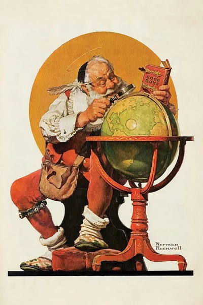 Norman Rockwell: Santa Consulting Globe by Norman Rockwell