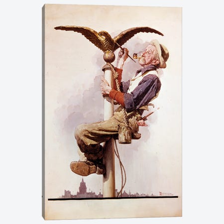 Painting The Flagpole (Guilding The Eagle) Canvas Print #NRL478} by Norman Rockwell Canvas Wall Art