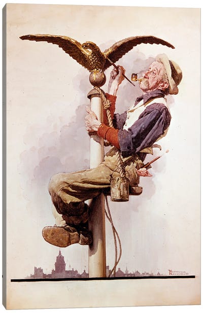 Painting The Flagpole (Guilding The Eagle) Canvas Art Print - Norman Rockwell