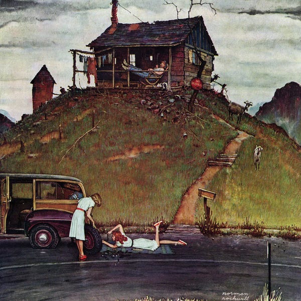 Office Humor: Changing A Flat by Norman Rockwell