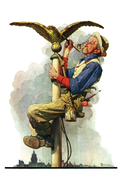 Office Humor: Gilding The Eagle (Painting The Flagpole) by Norman Rockwell