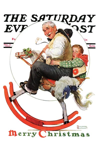 Office Humor: Gramps On Rocking Horse by Norman Rockwell