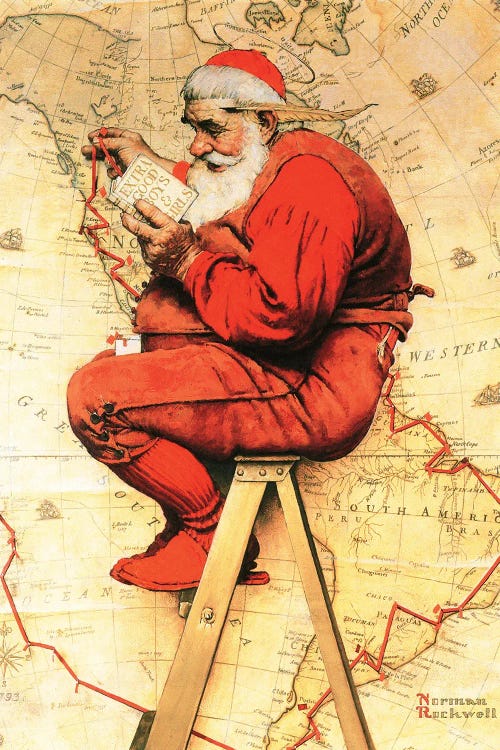 Santa At The Map by Norman Rockwell wall art