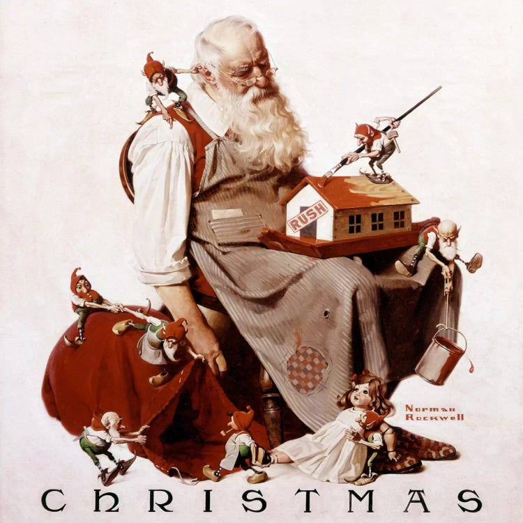 Christmas: Santa with Elves Canvas Print by Norman Rockwell