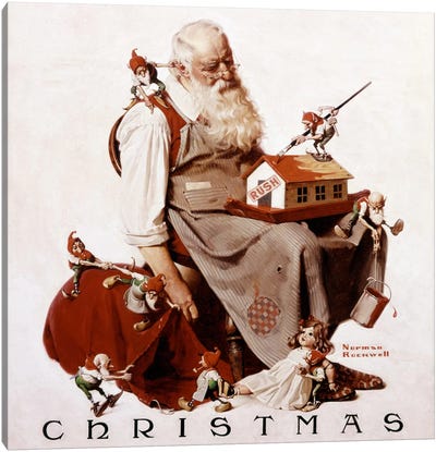 Christmas: Santa with Elves  Canvas Art Print - Santa Claus Art