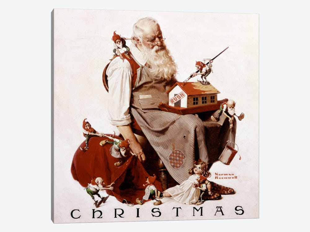 Christmas: Santa with Elves  by Norman Rockwell 1-piece Canvas Wall Art