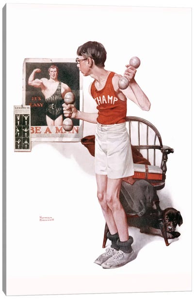Boy Lifting Weights Canvas Art Print - Norman Rockwell