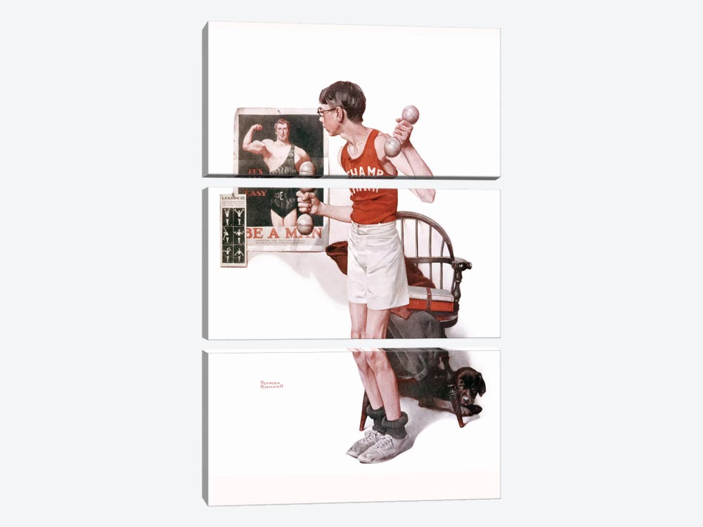 Boy Lifting Weights by Norman Rockwell 3-piece Canvas Art Print
