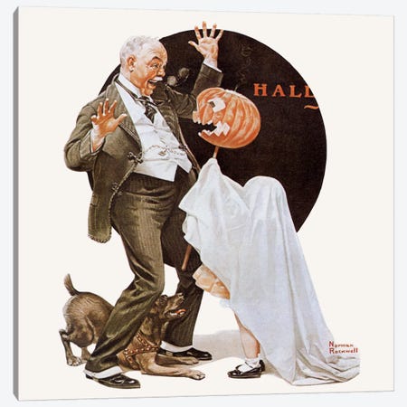 Grandfather Frightened by Jack-O-Lantern Canvas Print #NRL82} by Norman Rockwell Canvas Wall Art