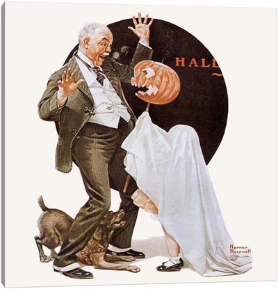 Grandfather Frightened by Jack-O-Lantern Canvas Art Print - Helloween