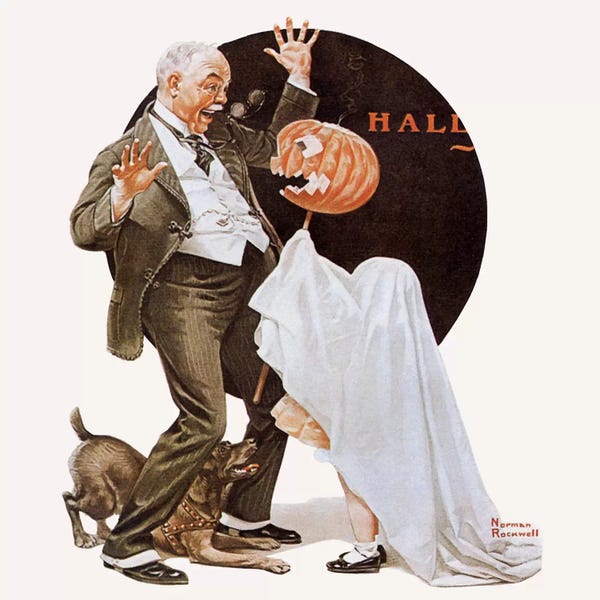 Norman Rockwell: Grandfather Frightened by Jack-O-Lantern by Norman Rockwell