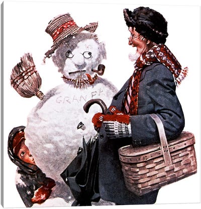 Grandfather and Snowman Canvas Art Print - Norman Rockwell Christmas Art