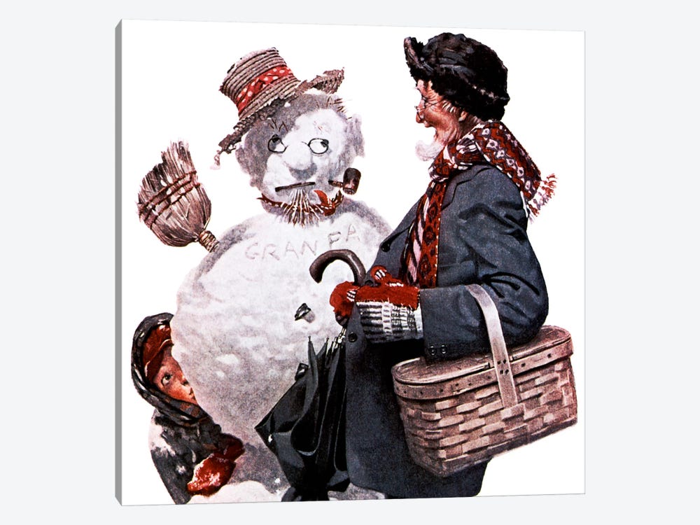 Grandfather and Snowman by Norman Rockwell 1-piece Canvas Art Print