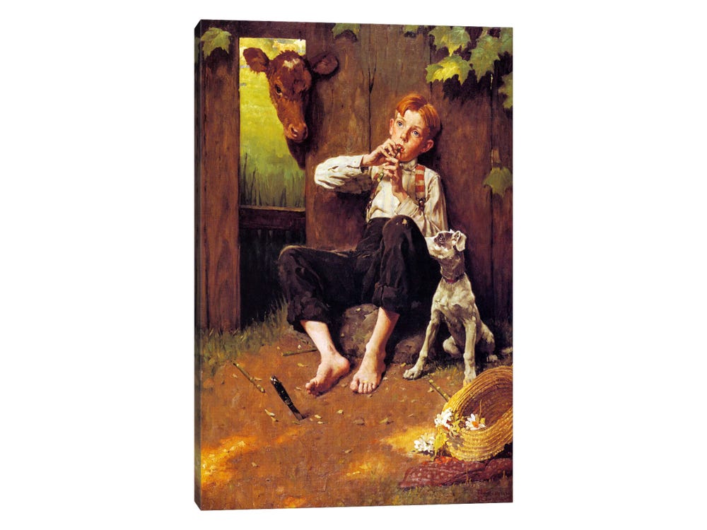 Framed Canvas Art (Gold Floating Frame) - Barefoot Boy Playing Flute by Norman Rockwell ( People > Profession > Musician art) - 26x18 in