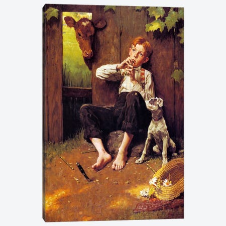 Barefoot Boy Playing Flute Canvas Print #NRL93} by Norman Rockwell Art Print