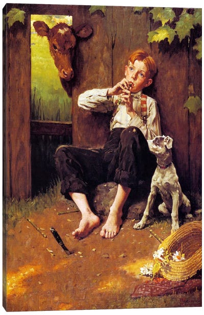Barefoot Boy Playing Flute Canvas Art Print - Norman Rockwell