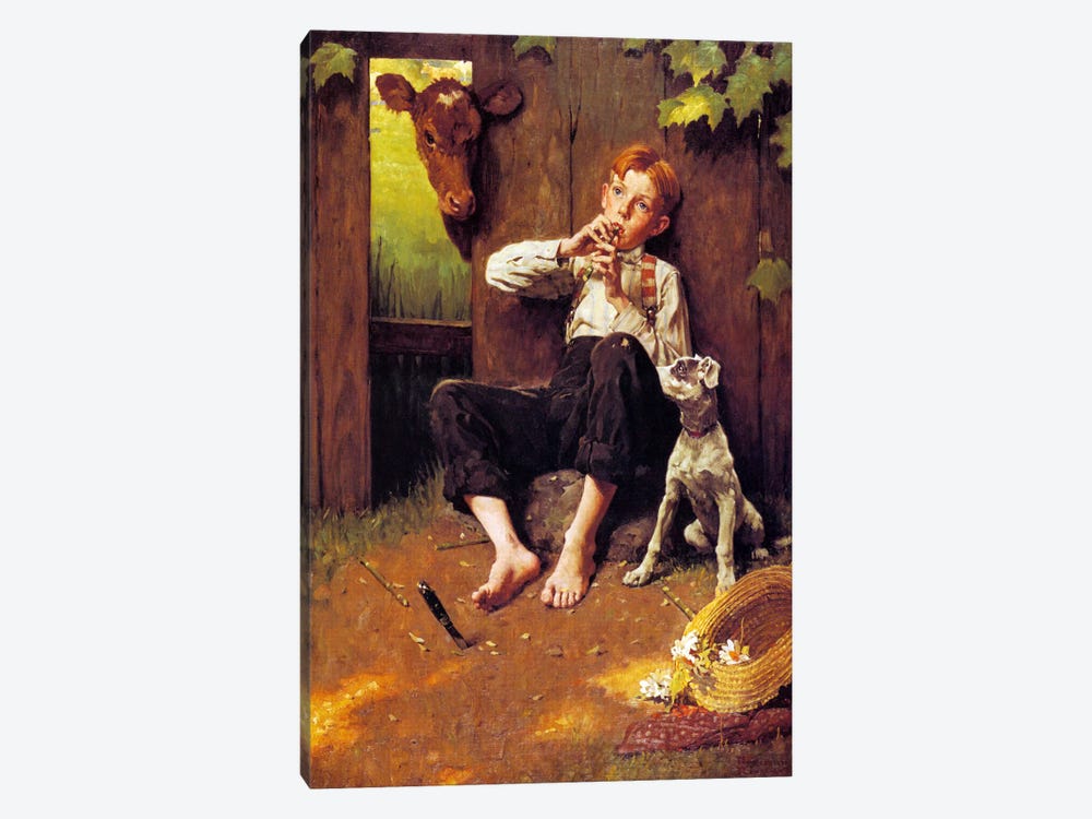 Barefoot Boy Playing Flute by Norman Rockwell 1-piece Canvas Art Print